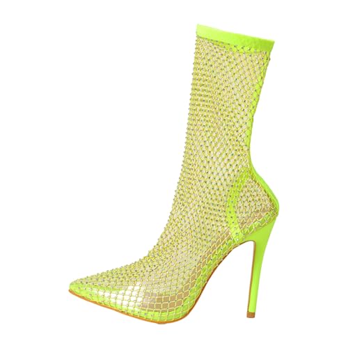 Damen Stiefel mit Absatz Elegant mit Reißverschluss Damen Schnürstiefel ohne Absatz Blockabsatz Reißverschluss Große Größe Diamant Vielseitige Mesh Diamant Trendy High Heel Sandalen (Yellow, 38) von Generisch