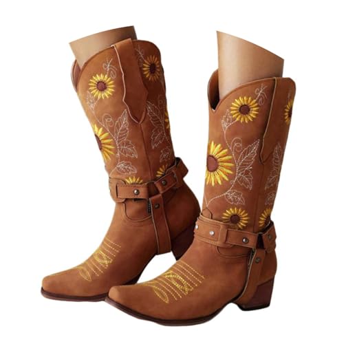 Damen Stiefel mit Absatz Elegant mit Reißverschluss Damen Westernstiefel Sonnenblumen Motiv, wadenlang, Blumenstickerei, quadratische Zehenpartie,perfekt für Country Idyll Konzerte mehr (Brown, 36) von Generisch