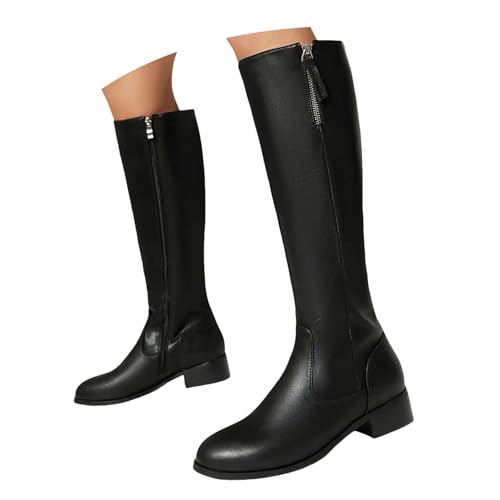 Damen Stiefel mit Absatz Elegant mit Reißverschluss Kniehohe Stiefel Damen Kunstleder Elastische Niedriger Absatz Quadratische Zehenpartie Seitlicher Reißverschluss Herbst(39) von Generisch