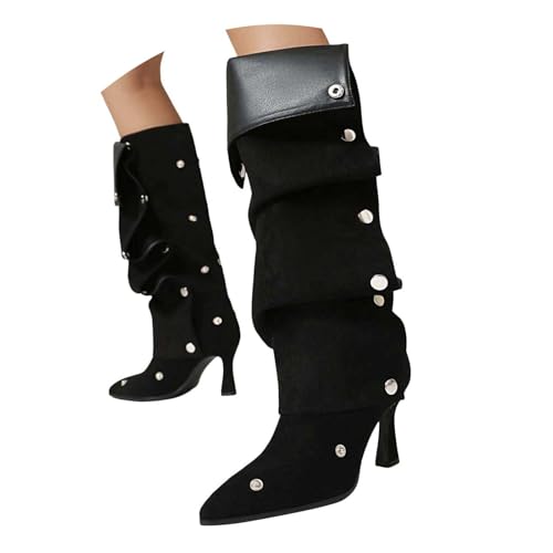 Damen Stiefel mit Absatz Elegant mit Reißverschluss Kniehohe Stiefel für Damen, Stiletto spitze Zehenpartie, High Heels, breite Wade, gerüschte Slouchy abnehmbarer Einsatz, mittelhohe (37) von Generisch