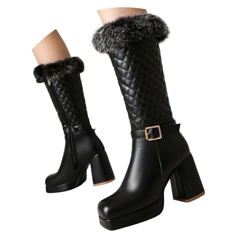 Damen Stiefel mit Absatz mit Reißverschluss Vegan Stiefeletten Damen Schnürstiefel Reißverschluss Winter Boots Lederstiefel Plateaustiefel für quadratischer Zehenpartie klobigem Blockabsatz (38) von Generisch