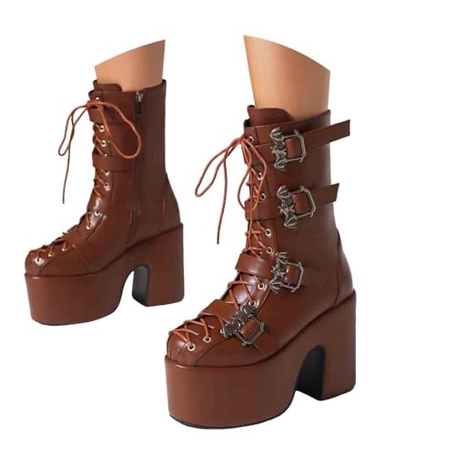 Damen Stiefel mit Absatz mit Reißverschluss Vegan Stiefeletten doppelter Plattform, klobige High Heels, Schnürung, seitliche Reißverschlüsse, quadratische Zehenpartie, Plattform Booty (Brown, 39) von Generisch