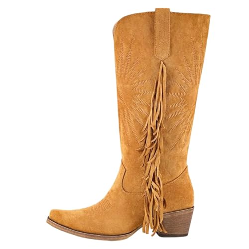 Damen-Stiefel mit spitzem Zehenbereich, Fransen-Stiefel mit Fransen, klobigem High Heel und Stickerei mit einem seitlichen Retro-Reißverschluss für thematische Outfits, Cd250644a, 43 EU von Generisch