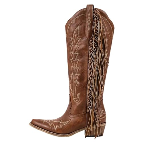 Damen-Stiefel mit spitzem Zehenbereich, Fransen und seitlichem Reißverschluss, mit Fransen, klobigem High Heel und Stickerei für detaillierte, modische Schuhe, Cd250708a, 42 EU von Generisch