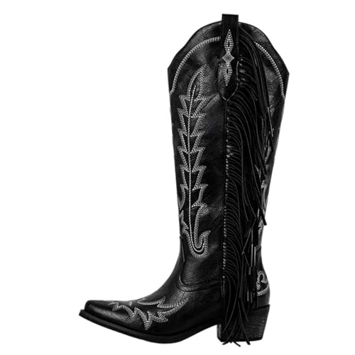 Damen-Stiefel mit spitzem Zehenbereich, Fransen und seitlichem Reißverschluss, mit Fransen, klobigem High Heel und Stickerei für detaillierte, modische Schuhe, Cd250708c, 44 EU von Generisch