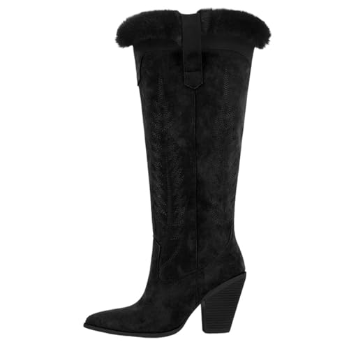 Damen-Stiefel mit spitzem Zehenbereich, seitlichem Reißverschluss, Fransen, klobiger High Heel und Kunstdetails für einen schicken Look, Cd250749a, 42 EU von Generisch