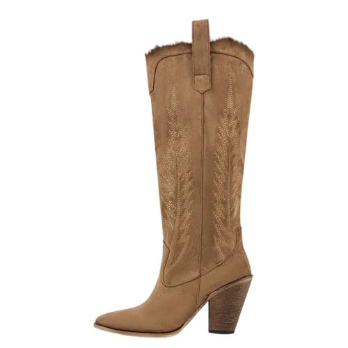 Damen-Stiefel mit spitzem Zehenbereich, seitlichem Reißverschluss, Fransen, klobiger High Heel und Kunstdetails für einen schicken Look, Cd250749c, 39 EU von Generisch