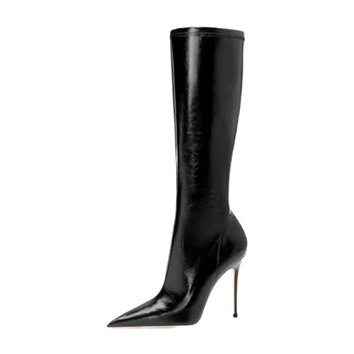 Damen-Stiefel mit spitzem Zehenbereich, seitlicher Reißverschluss, hoher Absatz, kniehohe Stiefel, Winter, elegant, lässig, lange Stiefel, Schwarz , 39.5 EU von Generisch