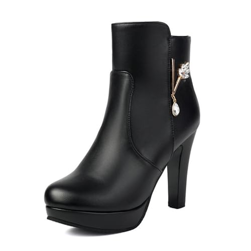 Damen-Stiefeletten, Plateau, Block, hoher Absatz, runder Zehenbereich, seitlicher Reißverschluss, Kleid, kurze Booties, Schwarz , 37.5 EU von Generisch