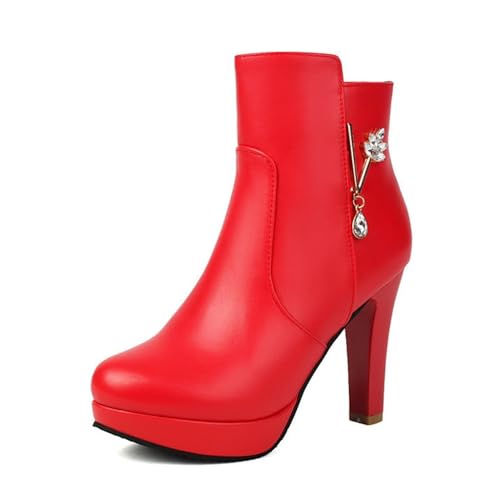 Damen-Stiefeletten, Plateau, Block, hoher Absatz, runder Zehenbereich, seitlicher Reißverschluss, Kleid, kurze Booties, rot, 36 EU von Generisch