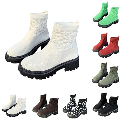 Damen-Stiefeletten, atmungsaktiv, leicht, gestrickt, Netzgewebe, flache Schuhe, lose Füße, bequeme Schuhe, lässig, Winter, dicke Sohle, lässig, kurze Stiefel, weiß, 37 EU von Generisch