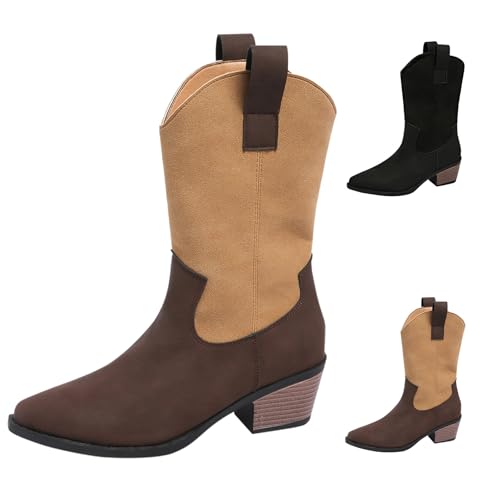 Damen-Stiefeletten, klassisch, spitzer Zehenbereich, Schlupfstiefel, klobige niedrige Absätze, Damen-Kunstwildleder, bequeme Plateaustiefel, Western-Cowgirl-Stiefel für Country-Konzert-Motto-Partys von Generisch