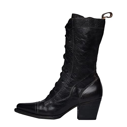 Damen-Stiefeletten, mittelhohe Wadenstiefel, Herbst und Winter, Außenhandel, große Retro-Schnürung, bequem, quadratischer Absatz, dicker Absatz, Schwarz , 40 EU von Generisch