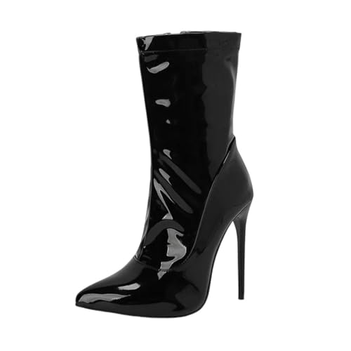 Damen Stiefeletten Lackleder Spitz Zehe Stiletto Heels Winter Kleid Stiefel Party High Heel Schuhe, Schwarz , 41 EU von Generisch