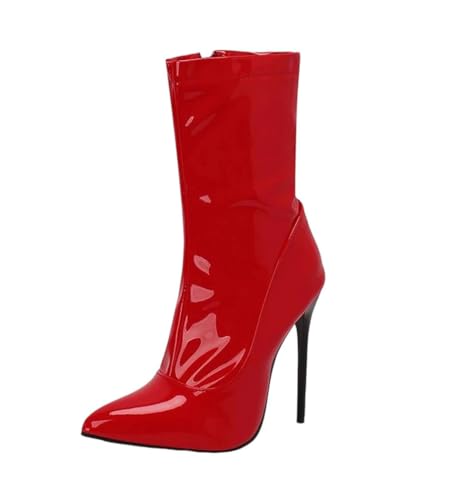 Damen Stiefeletten Lackleder Spitz Zehe Stiletto Heels Winter Kleid Stiefel Party High Heel Schuhe, rot, 38 EU von Generisch