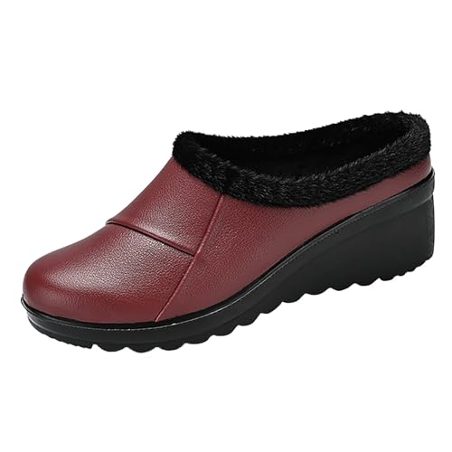 Damen Stiefeletten Leder Winterschuhe Damen Gefüttert Warme Schneeschuhe Lederstiefelette Round Toe Snow Boots Kurz Stiefel Keilabsatz Damenstiefel Profilsohle Knöchelstiefel Ankle Boots von Generisch