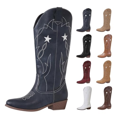 Damen Stiefeletten Mit Absatz Weiß Westernstiefel Winter Leder Freizeitschuhe Plateau Cowboystiefel Mittelalter Stiefel Rutschfest Wanderstiefel Weichen Sohlen Halbstiefel Warm Winterstiefel von Generisch
