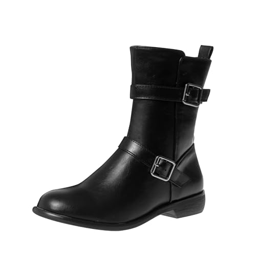 Damen Stiefeletten Mit Blockabsatz Spitze Zehen Leder Stiefel Mit ReißVerschluss Und Schnalle GefüTtert Warme Winterstiefel Halbhoch Winterboots Niedriger Absatz Schlupfstiefel Elegante Damenstiefel von Generisch