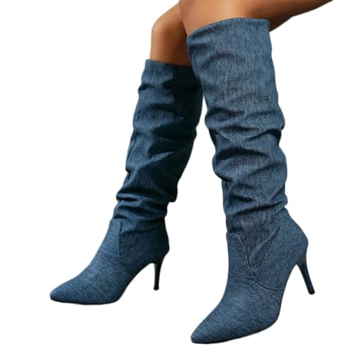 Damen Stiefeletten Mit Keilabsatz Bequeme Herbst Winter Stiefel Mit Blockabsatz Für Damen Warme & Modische High Heels Boots (A Blue, Erwachsene, 43, Numerisch, EU Schuhgrößensystem, M) von Generisch