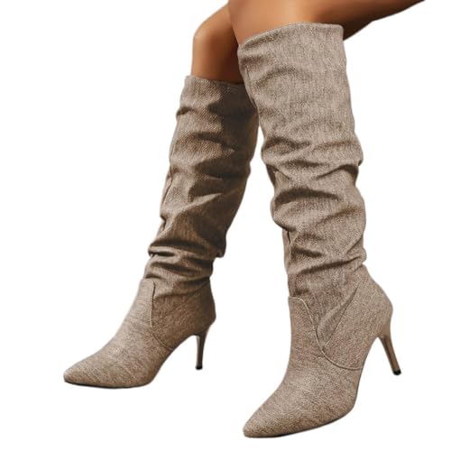 Damen Stiefeletten Mit Keilabsatz Bequeme Herbst Winter Stiefel Mit Blockabsatz Für Damen Warme & Modische High Heels Boots (A Khaki, Erwachsene, 39, Numerisch, EU Schuhgrößensystem, M) von Generisch