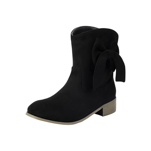 Damen Stiefeletten Seite Schleife V-Schnitt Spitze Zehe Block Absatz Kurze Stiefeletten Winter Kleid Schuhe (Black, 42) von Generisch