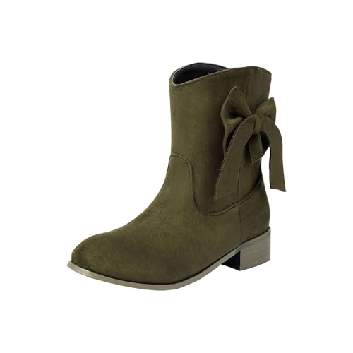 Damen Stiefeletten Seite Schleife V-Schnitt Spitze Zehe Block Absatz Kurze Stiefeletten Winter Kleid Schuhe (Green, 35) von Generisch
