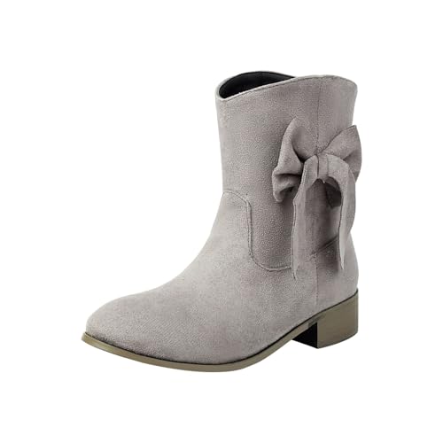 Damen Stiefeletten Seite Schleife V-Schnitt Spitze Zehe Block Absatz Kurze Stiefeletten Winter Kleid Schuhe (Grey, 45) von Generisch