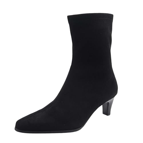Damen Stiefeletten Spitz mit Blockabsatz Damenstiefel Boots Spitz Zulaufende Wildlederstiefel mit Blockabsatz Elastische Schmale Stiefel Reißverschluss Chunky High Heel Stiefeletten von Generisch