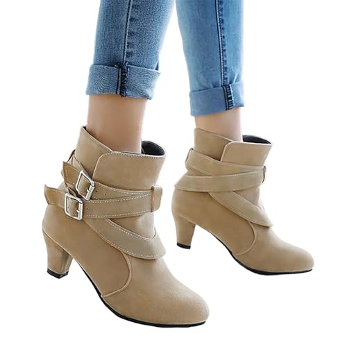 Damen Stiefeletten Winter Boots für Frauen mit Gürtelschnalle Bequem Stilvoll für Alltag Freizeit (Beige, 39) von Generisch