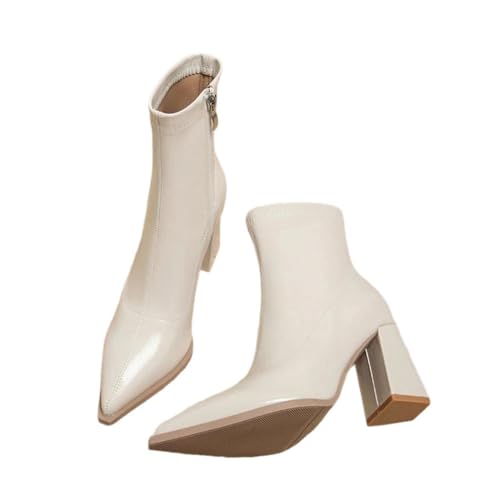 Damen Stiefeletten Winter Lackleder Plateau Chunky Heel Kurze Booties Mode Kleid Schuhe Bequem Tragen, beige, 39.5 EU von Generisch