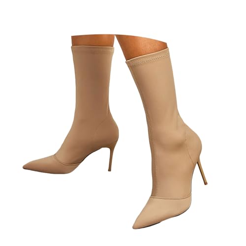 Damen-Stiefeletten aus Wildleder, Stiletto-Absatz, spitzer Zehenbereich, Schlupfstiefel, wadenhoch, Winterkleid, khaki, 38 EU von Generisch