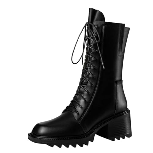 Damen-Stiefeletten aus echtem Leder mit runder Zehenpartie, klobige High Heels, Schnürung, Reißverschluss vorne und an der Seite für einen Retro-Motoro-Look, Schwarz, kein Fell, 40.5 EU von Generisch