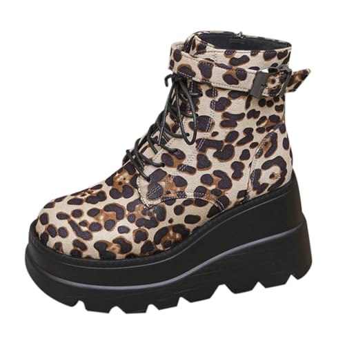 Damen-Stiefeletten für Frühling, Herbst und Winter, runder Zehenbereich, dicker Leopardenmuster, modisch, seitlicher Reißverschluss, große Größe, lässige Stiefeletten mit Absatz, beige, 40 EU von Generisch