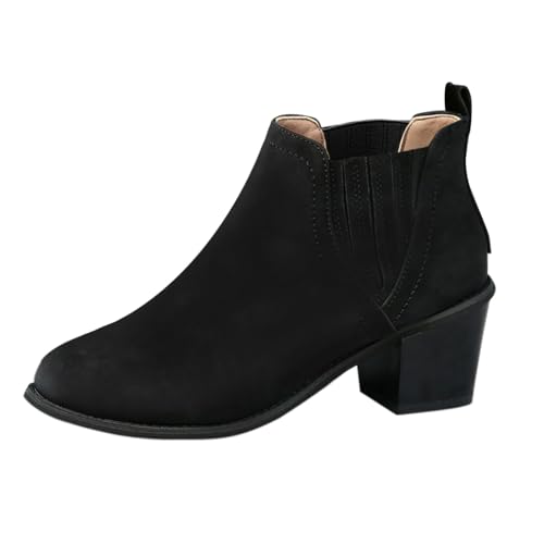 Damen-Stiefeletten für Frühling und Herbst, Winter, große Größe, spitzer, dicker Absatz, einfarbig, modisch, vielseitig, kurze Stiefeletten, hohe Damen, Schwarz , 38 EU von Generisch
