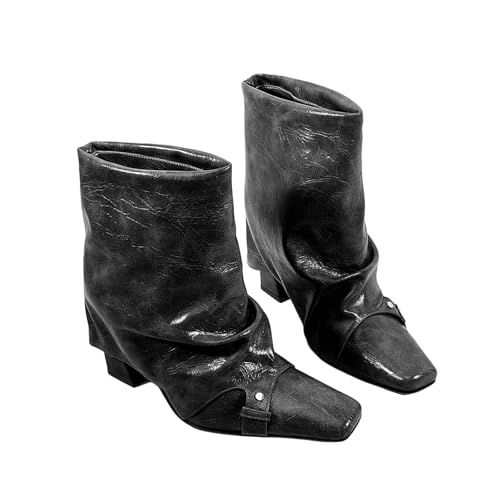 Damen-Stiefeletten im Retro-Stil, plissiert, quadratischer Zehenbereich und dickem, hohem Absatz, 10 cm Absatz, wasserdicht, PU-Leder, Booties für elegante Outfits, Schwarz , 39 EU von Generisch