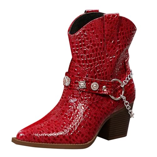 Damen Stiefeletten kurze Cowboystiefel spitzer Zehenbereich Western Lederstiefel Große Größen Blockabsatz Halbstiefel mit Gürtelschnalle Elegante Modische Damenstiefel Leichte Halbstiefel von Generisch