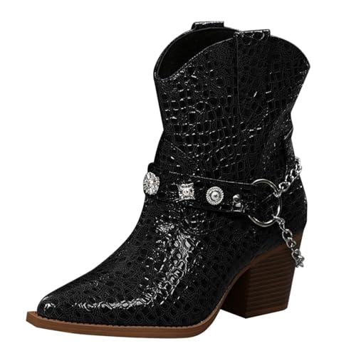 Damen Stiefeletten kurze Cowboystiefel spitzer Zehenbereich Western Lederstiefel Große Größen Blockabsatz Halbstiefel mit Gürtelschnalle Elegante Modische Damenstiefel Leichte Halbstiefel von Generisch