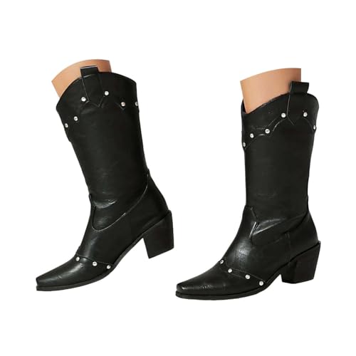 Damen Stiefeletten mit Absatz, Boots,warm gefüttert Cowboystiefel für Damen,quadratische Zehenpartie, Reitstiefel, Blockabsatz, klobiger Absatz, niedriger Used Look, Nietenstiefel (35) von Generisch