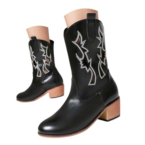 Damen Stiefeletten mit Absatz, Boots,warm gefüttert Cowboystiefel mit quadratischer Zehenpartie für Damen, wadenlang, modische bestickte Westernstiefel für (39) von Generisch