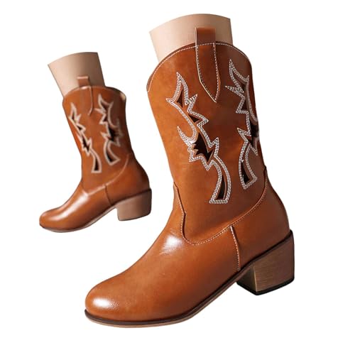 Damen Stiefeletten mit Absatz, Boots,warm gefüttert Cowboystiefel mit quadratischer Zehenpartie für Damen, wadenlang, modische bestickte Westernstiefel für (Brown, 36) von Generisch