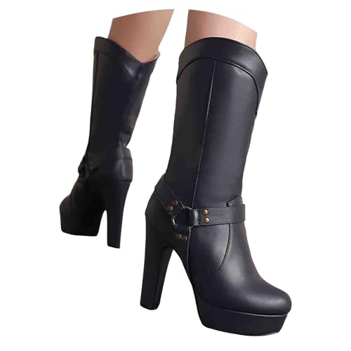 Damen Stiefeletten mit Absatz, Boots,warm gefüttert Damen Stiefeletten mit Reißverschluss, Blockabsatz, Plateau, seitliche Reißverschlüsse, runde Zehenpartie (Blue, 36) von Generisch