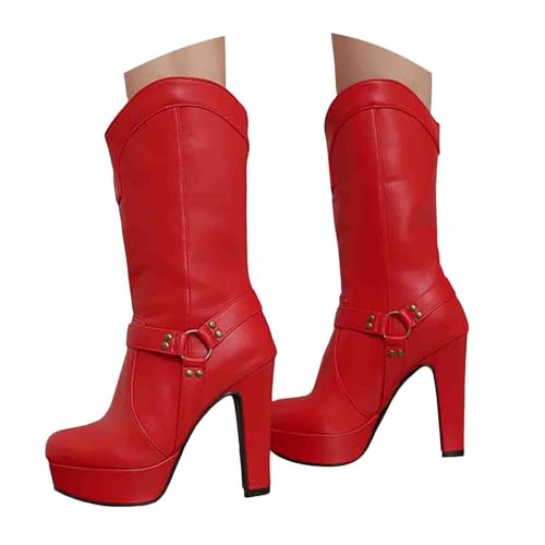 Damen Stiefeletten mit Absatz, Boots,warm gefüttert Damen Stiefeletten mit Reißverschluss, Blockabsatz, Plateau, seitliche Reißverschlüsse, runde Zehenpartie (Red, 38) von Generisch
