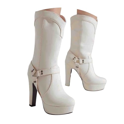 Damen Stiefeletten mit Absatz, Boots,warm gefüttert Damen Stiefeletten mit Reißverschluss, Blockabsatz, Plateau, seitliche Reißverschlüsse, runde Zehenpartie (White, 37) von Generisch