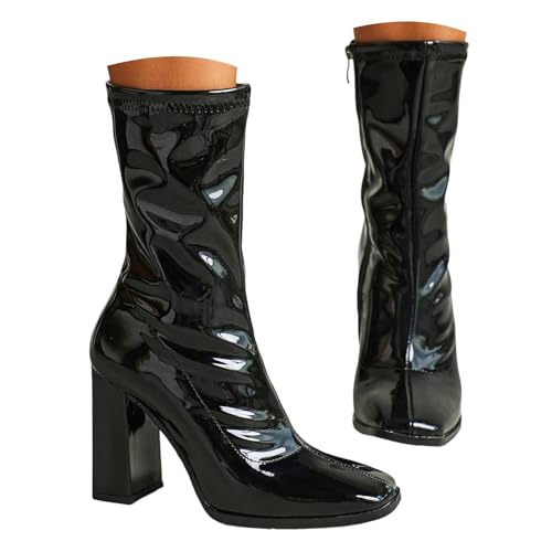 Damen Stiefeletten mit Absatz, Boots,warm gefüttert Damen Stiefeletten mit quadratischer Zehenpartie und halbhoher Wadenhöhe, Leder, hoher, klobiger Blockabsatz, seitlicher Reißverschluss (39) von Generisch