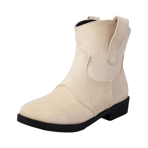 Damen Stiefeletten mit Absatz, Boots,warm gefüttert Kurze Cowboystiefel für Damen, breiter Schaft, Westernstiefel mit niedrigem, klobigem Absatz, Stiefeletten, Kleid, Country, Konzert (Beige, 35) von Generisch