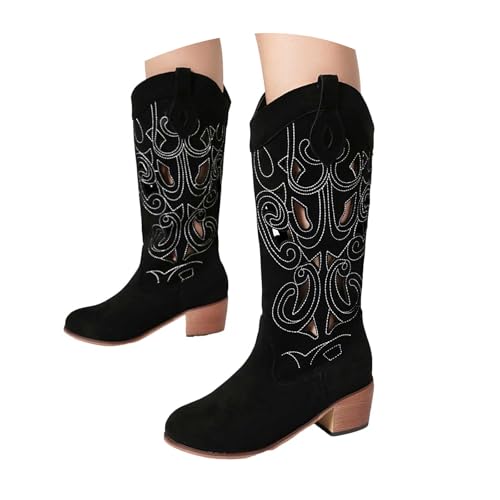 Damen Stiefeletten mit Absatz, Boots,warm gefüttert Stiefel Damen Kniehohe Stiefel Spitzschuh und Blockabsatz Cowboystiefel aus Wildleder und Kunstleder mit Stickerei (38) von Generisch