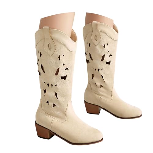 Damen Stiefeletten mit Absatz, Boots,warm gefüttert Stiefel Damen Kniehohe Stiefel Spitzschuh und Blockabsatz Cowboystiefel aus Wildleder und Kunstleder mit Stickerei (Beige, 36) von Generisch