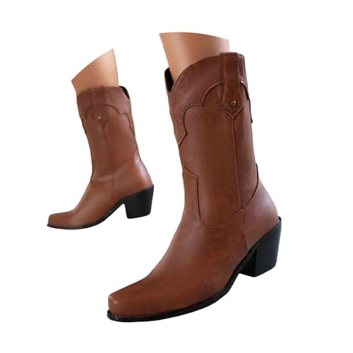 Damen Stiefeletten mit Absatz, Boots,warm gefüttert Stiefelette mit Hohem Absatz und Seitlichem Reißverschluss Damen Ankle Boot Cowboystiefel für kniehohe Westernstiefel dicker Ferse (Brown, 36) von Generisch