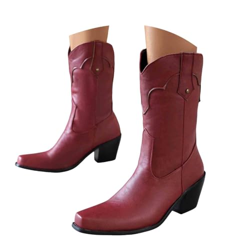 Damen Stiefeletten mit Absatz, Boots,warm gefüttert Stiefelette mit Hohem Absatz und Seitlichem Reißverschluss Damen Ankle Boot Cowboystiefel für kniehohe Westernstiefel dicker Ferse (Red, 38) von Generisch