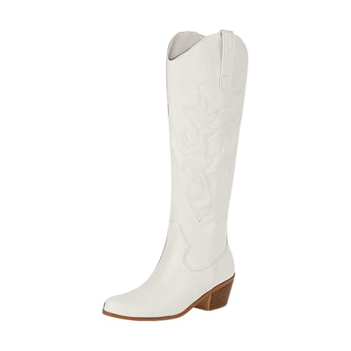 Damen Stiefeletten mit Absatz, Boots,warm gefüttert Western Cowboystiefel für Damen, kniehoch, weite Wadenstiefel mit klassischem, besticktem Retro Schlupfstiefel klobigem Absatz (White, 38) von Generisch